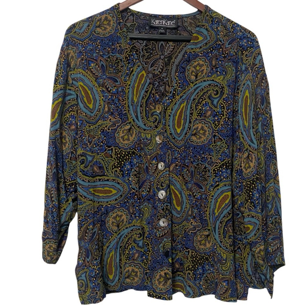 Karen Kane Boho Paisley Button Up Blouse Cardigan Womens Size Medium Career Wear
